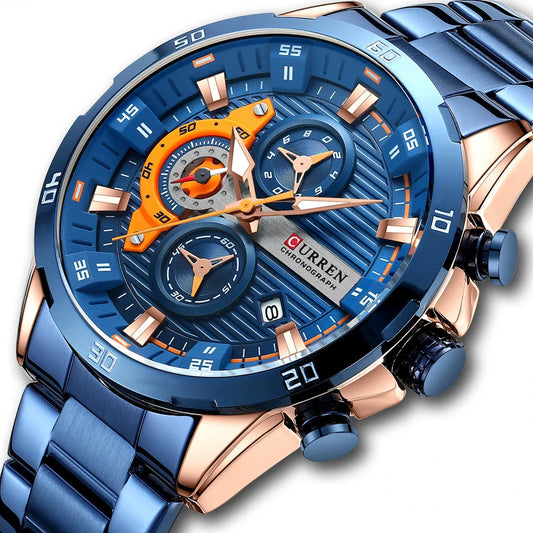 Premium stainless steel quartz watch with multi-hand design, durable construction, and sleek appearance