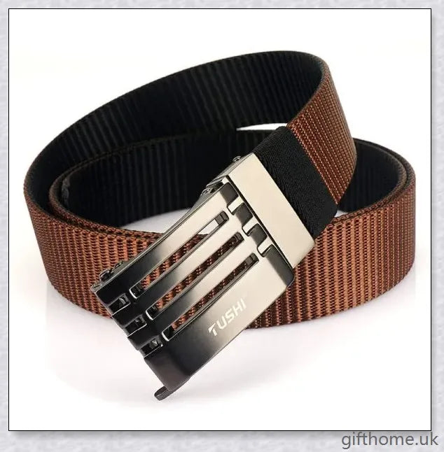 Premium automatic buckle belt with nylon and alloy construction, available in classic British colour options