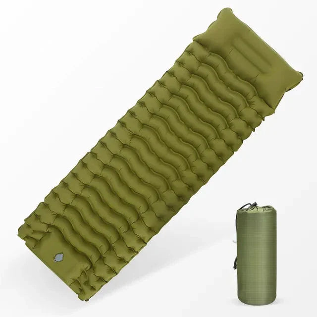 Luxury inflatable camping mattress with built-in pillow and foot pump for effortless inflation and superior comfort in the great outdoors