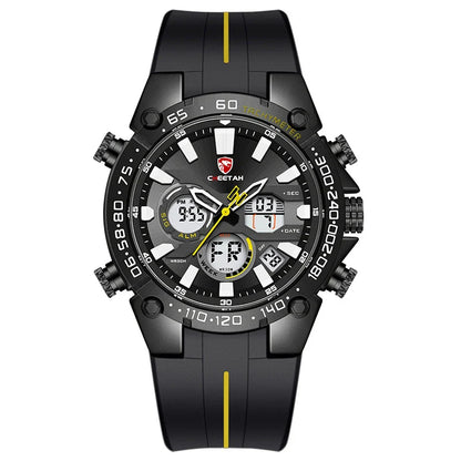 Multifunctional men's waterproof quartz watch with stainless steel case and silicone strap in rose gold black colour