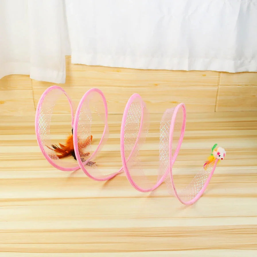 Interactive foldable cat tunnel with soft feather toys and hidden mouse, designed to engage and entertain your feline friend.