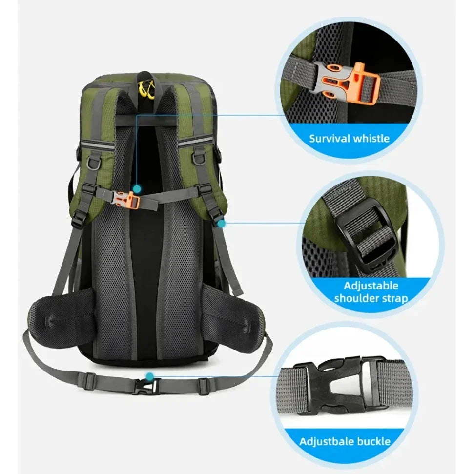 Premium 50L waterproof backpack with hydration system, shoe compartment, and reflective safety features for outdoor adventures