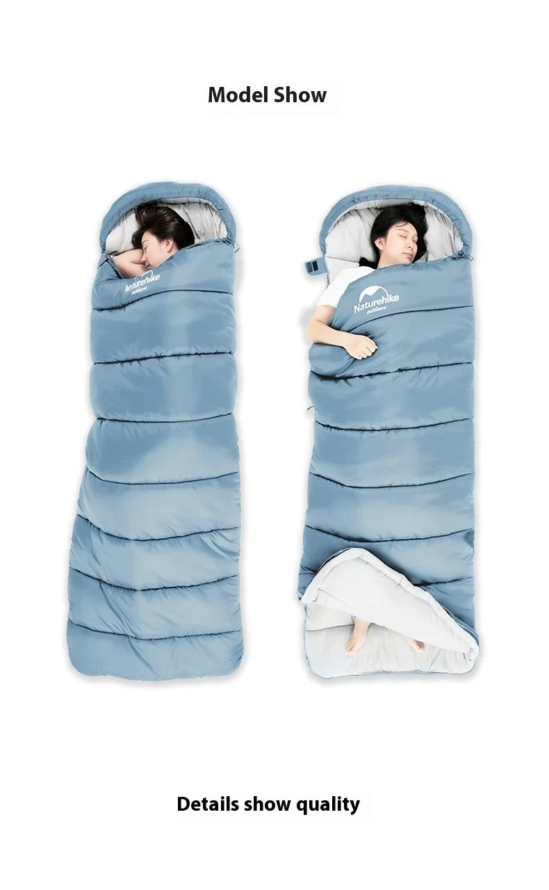 Naturehike Luxury Down-filled Sleeping Bag for Outdoor Camping in Hollow Cotton/Clay Gray, Hollow Cotton/Moxa Leaf Green, and Down Cotton/Sky Blue colours
