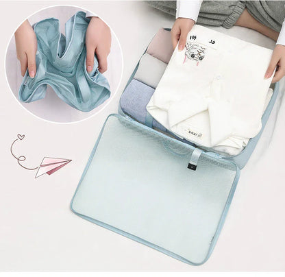 Premium 8-piece luggage organiser set made of durable, water-resistant nylon for effortless travel packing