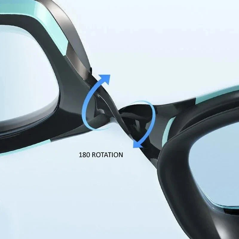 A pair of high-performance anti-fog, waterproof swimming goggles with polycarbonate lenses and a flexible silicone frame, designed for optimal clarity and comfort during swimming activities.