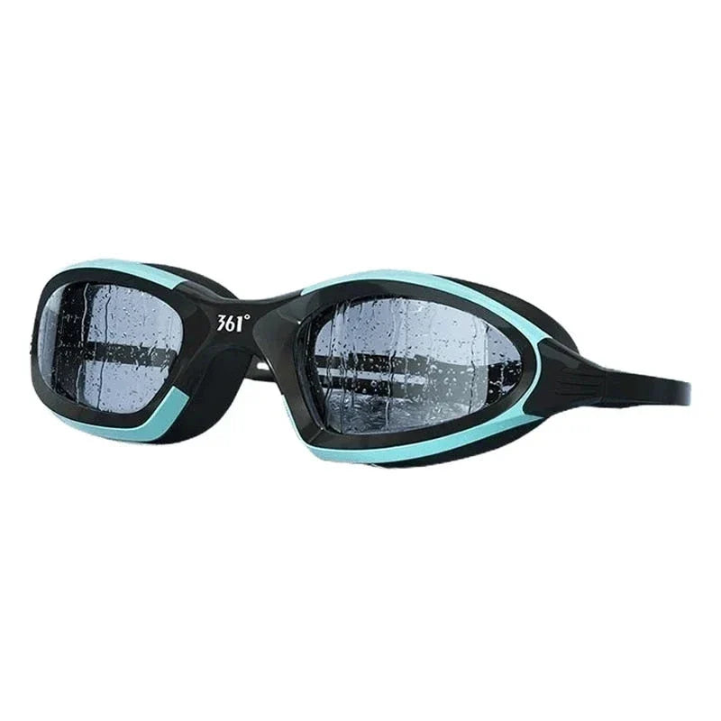 A pair of high-performance anti-fog, waterproof swimming goggles with polycarbonate lenses and a flexible silicone frame, designed for optimal clarity and comfort during swimming activities.