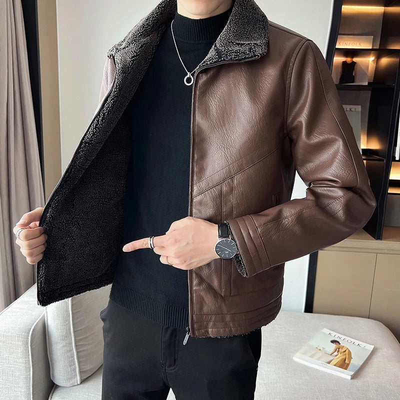 Premium plus-size leather jacket in classic Hong Kong style with velvet padding for exceptional comfort and warmth