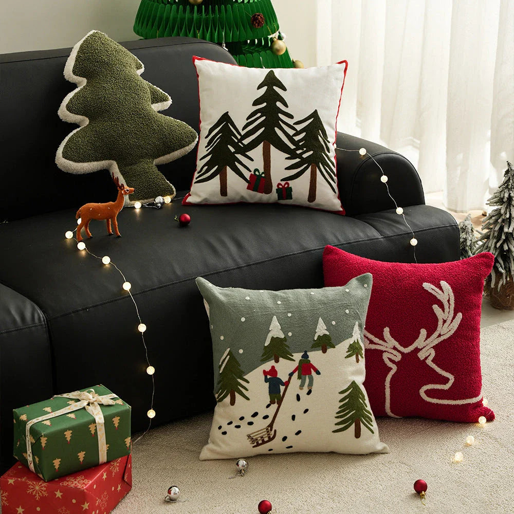 Cosy Christmas snowflake pillow cover with premium polyester fibre and embroidered snow mountain design