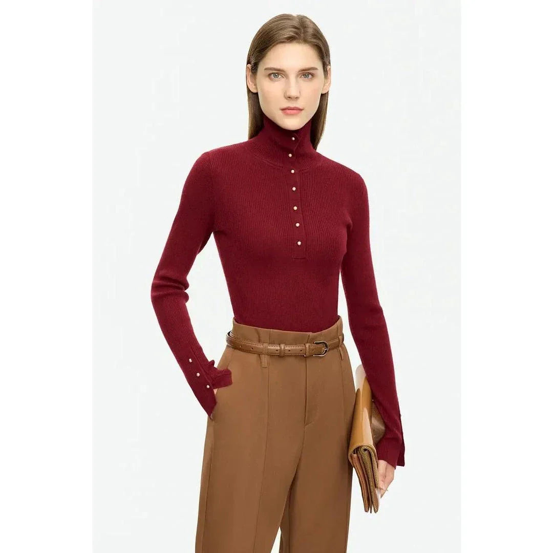 Elegant, slim-fit turtleneck sweater in various colours with chic button detail, perfect for the modern British woman's autumn wardrobe