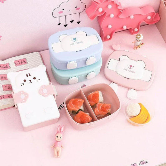 Children's Double Lunch Box with Cartoon Characters in Pink, Green, and Blue Colours