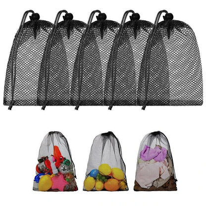 Multipurpose nylon mesh drawstring storage bag in two sizes for organising sports gear, laundry, and more
