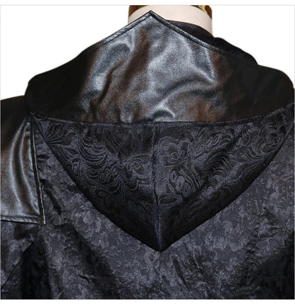 Black stand collar leather gothic cape coat with a flowing, dramatic silhouette