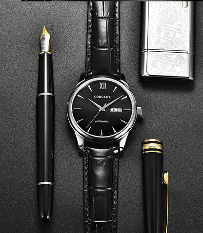A sophisticated automatic mechanical watch with a gold/white or gold/black face, stainless steel case, and genuine leather strap
