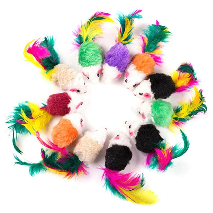A set of ten charming and colourful mini mouse plush toys for cats to play with and engage their natural hunting instincts.
