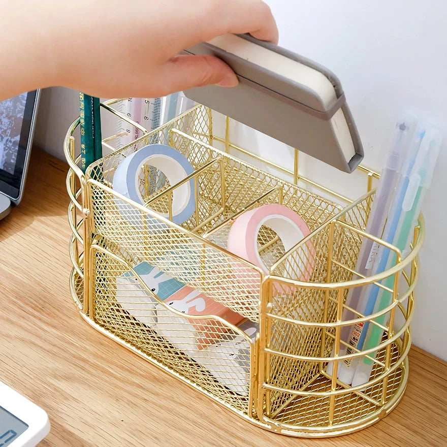 Premium metal mesh desktop organiser with multiple compartments and a sleek, modern design