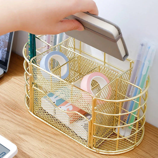 Premium metal mesh desktop organiser with multiple compartments and a sleek, modern design