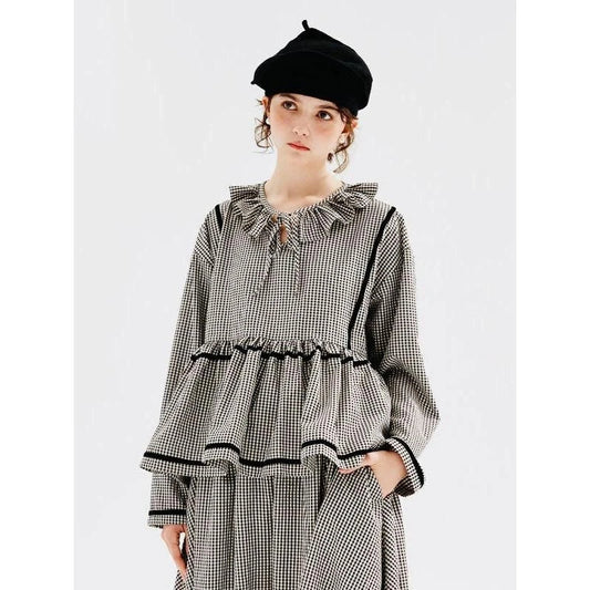 Autumn Elegance Checkered Shirt with Doll Collar, a stylish long-sleeved shirt in a classic black and white checkered pattern