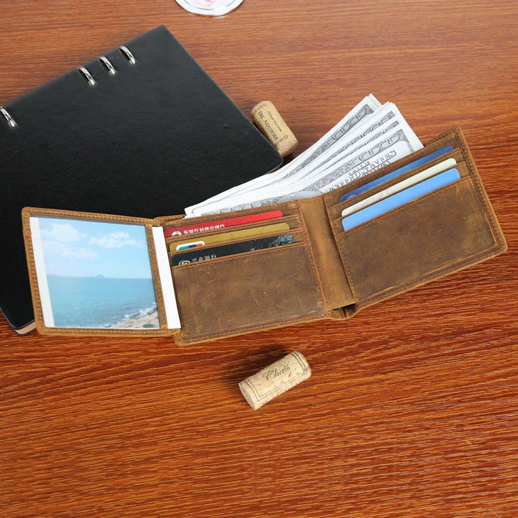 Premium short leather wallet in brown, tan, and black colours for British gentlemen