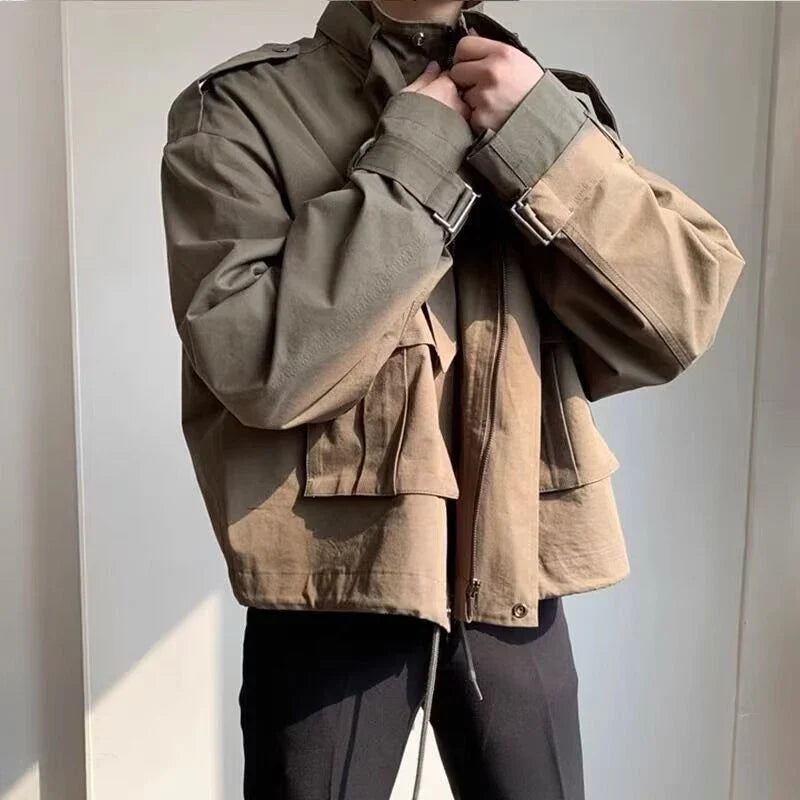 Premium vintage-inspired khaki denim jacket with a handsome sense of design and a refined, polished silhouette