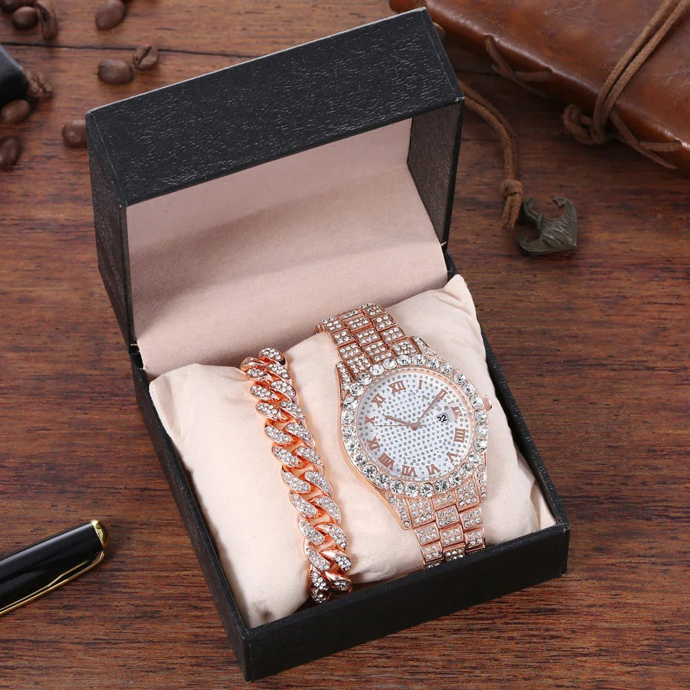 Stylish diamond-encrusted watch with stainless steel chain, available in gold, silver, and rose gold finishes