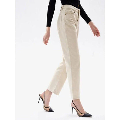 Classic high-waisted straight-leg jeans for women in a timeless British style
