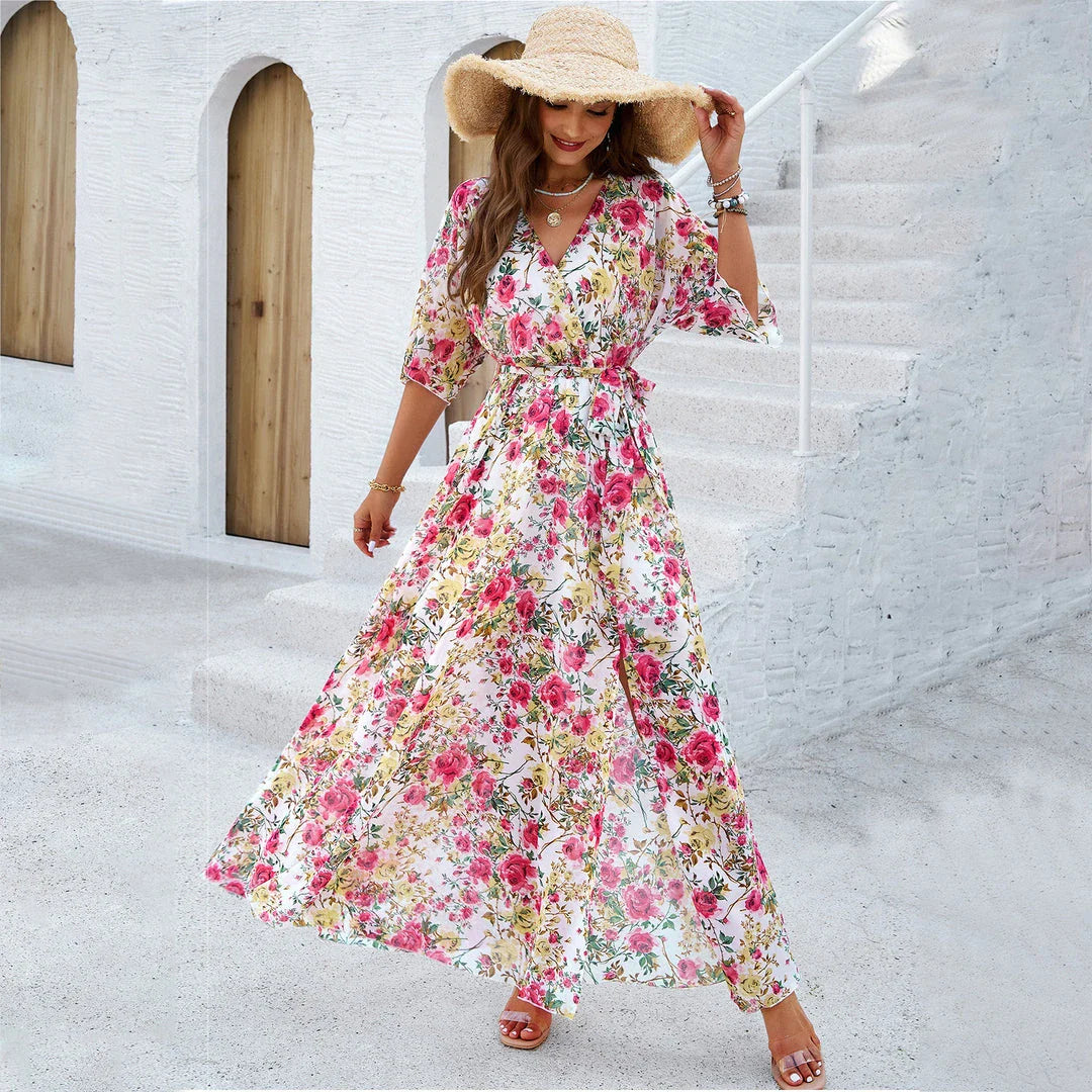 Elegant V-Neck Floral Print Dress with Cinched Waist - Ankle-Length, Stretch Fabric, Versatile Design