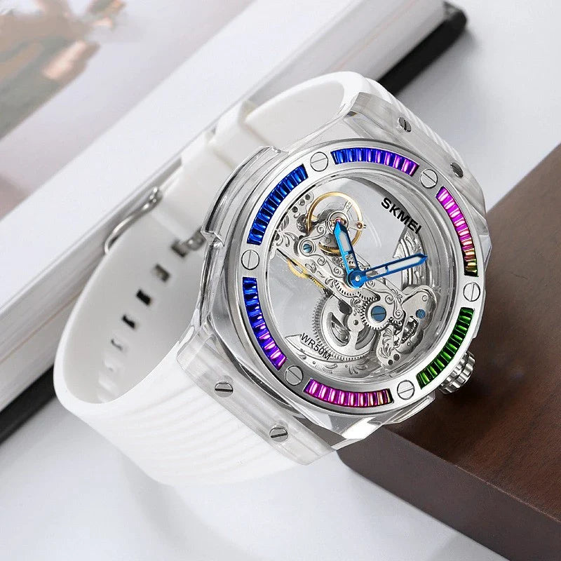 Sophisticated mechanical automatic wrist watch with hollow movement, showcasing intricate British design and craftsmanship