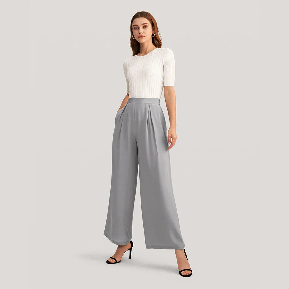 Exquisite grey silk wide-leg trousers with high-waisted design and relaxed fit for sophisticated style
