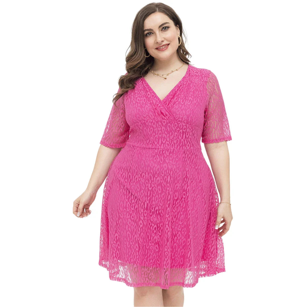 Elegant V-neck lace dress with tailored waist in rose red colour