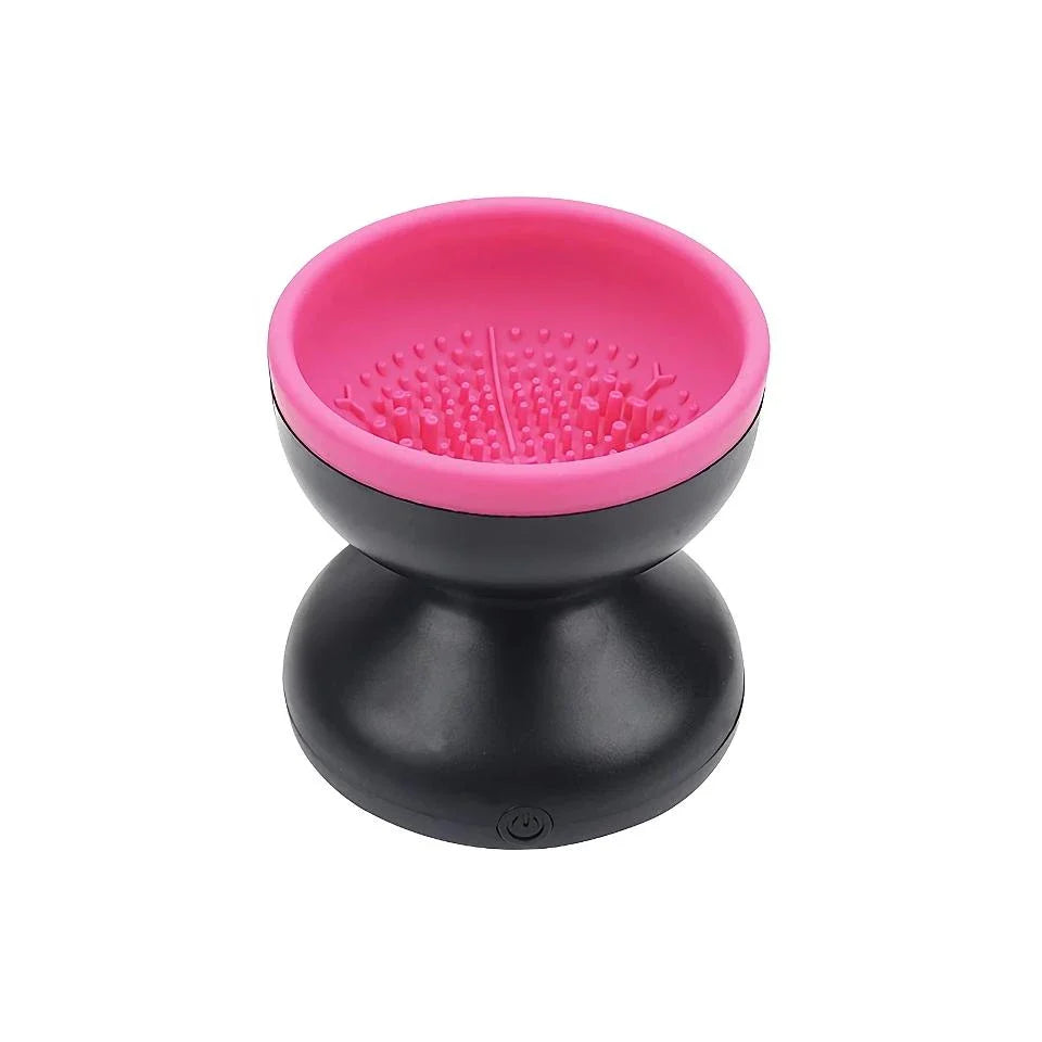 Electric USB makeup brush cleaner and dryer with silicone collar and automatic spinning action for thorough cleaning and drying of makeup brushes