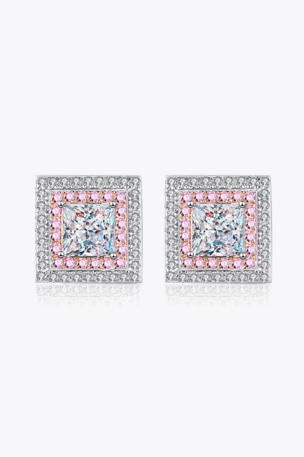 Moissanite square stud earrings in 925 sterling silver with platinum plating