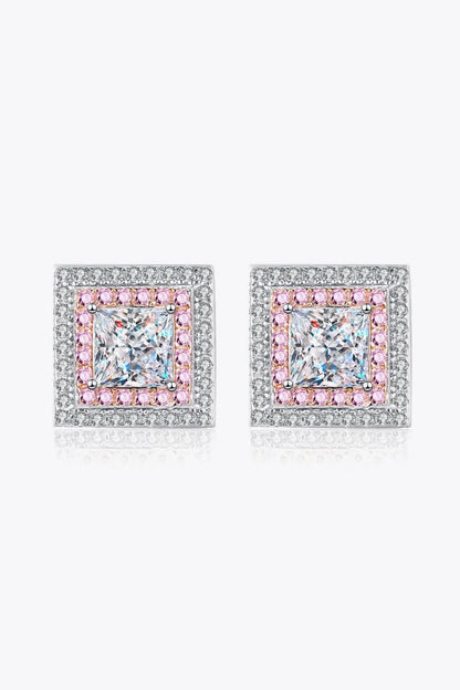 Moissanite square stud earrings in 925 sterling silver with platinum plating
