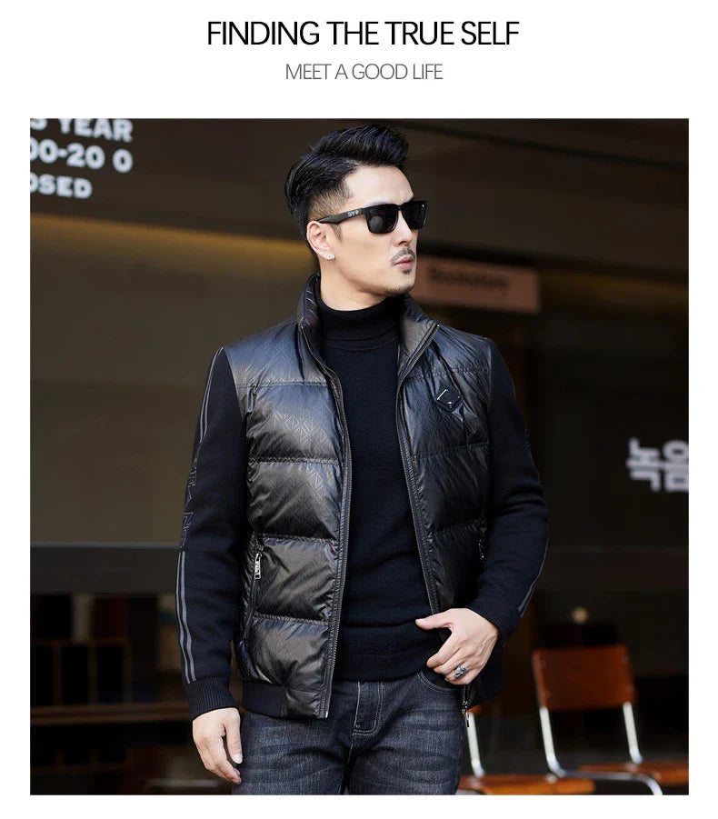 Warm and weatherproof men's down jacket with stand collar and knitted sleeves, made from premium polyester fibre and filled with luxurious duck down