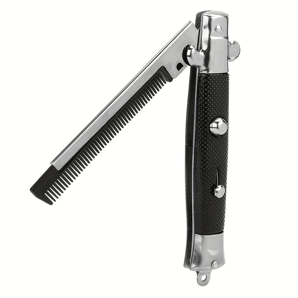 Butterfly Knife Style Folding Comb - A stylish and functional metal comb with a folding design inspired by the butterfly knife