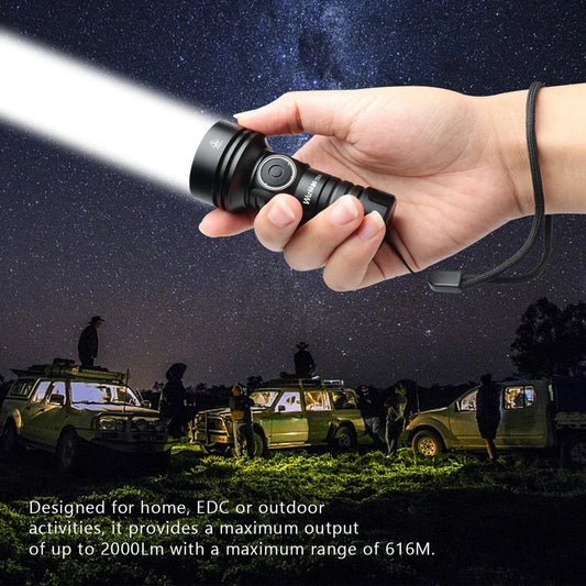 Powerful 2000-lumen USB-C rechargeable EDC flashlight with RGB auxiliary lights and IP68 waterproof design