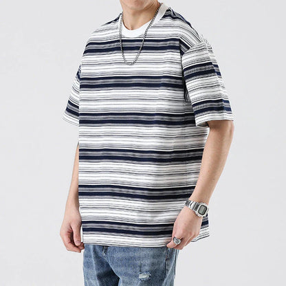 Retro contrast color striped teen t-shirt in navy blue, perfect for casual summer looks