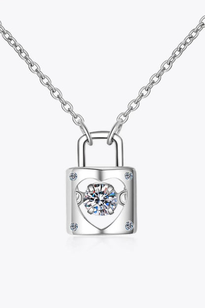Elegant sterling silver moissanite lock pendant necklace with a minimalist, modern design