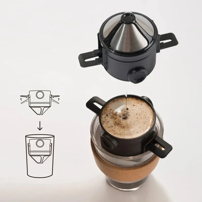 Portable hand drip coffee filter cup in various colours, a compact and lightweight device for brewing delicious coffee on the go