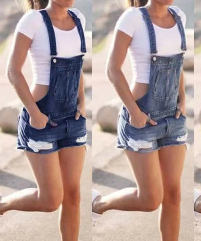 Premium British-made denim overalls shorts in classic blue hues, featuring adjustable suspenders for a tailored fit