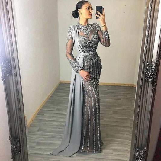 Elegant long sleeve fishtail dress with high waist and Austrian diamond embellishments