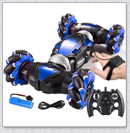 Remote control stunt car with 360-degree rotation, flips, and built-in colourful lights and music for exciting playtime