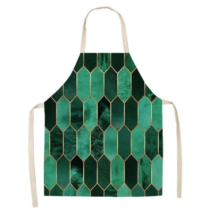 Geometric printed kitchen apron in a stylish design for discerning home chefs in the UK