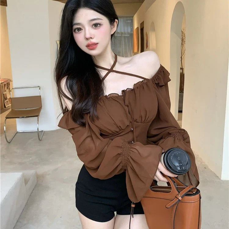 Elegant chiffon shirt with stylish ruffled neckline, available in white, black, and coffee colours