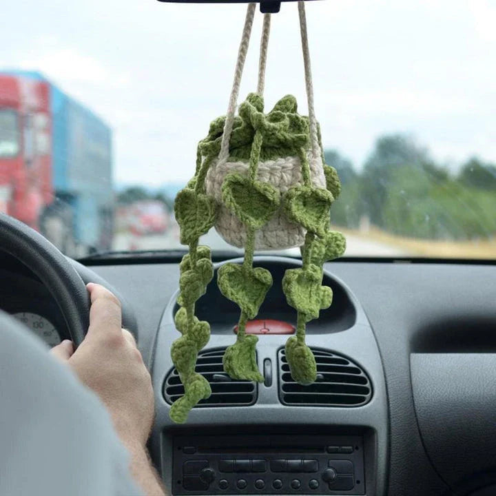 Charming knitted car plant decor with hanging white rope and green and white colour scheme
