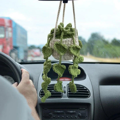 Charming knitted car plant decor with hanging white rope and green and white colour scheme