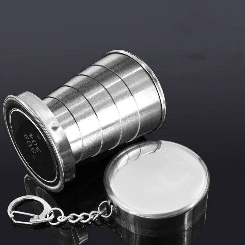 Compact Stainless Steel Folding Cup in three different sizes, perfect for outdoor activities like camping, hiking, and picnics.