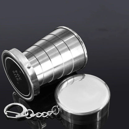Compact Stainless Steel Folding Cup in three different sizes, perfect for outdoor activities like camping, hiking, and picnics.