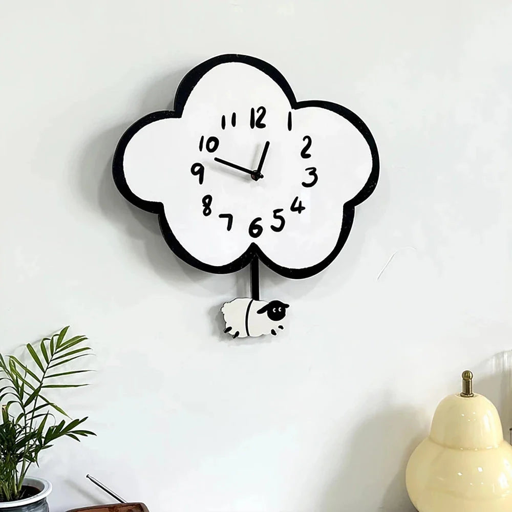 38cm Silent Cartoon Cloud Sheep Swinging Wall Clock, a charming and eco-friendly wall decor with a playful sheep design
