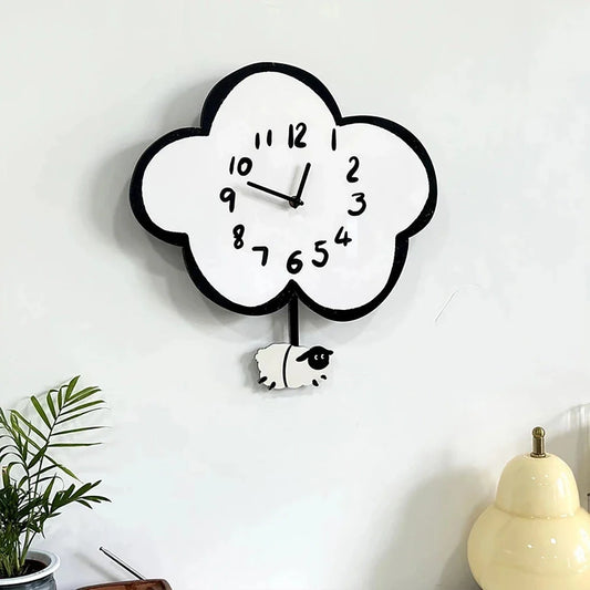 38cm Silent Cartoon Cloud Sheep Swinging Wall Clock, a charming and eco-friendly wall decor with a playful sheep design