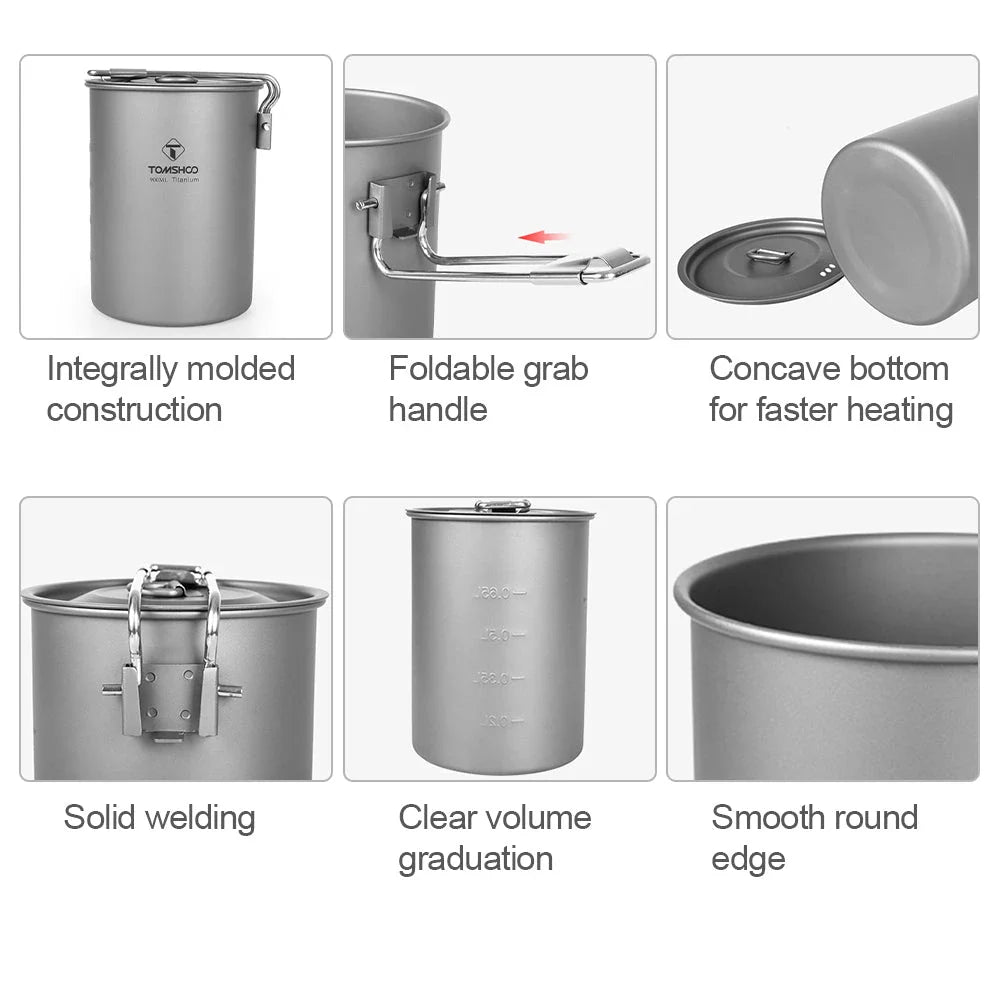 Durable titanium camping pot with lid and collapsible handle for outdoor adventures